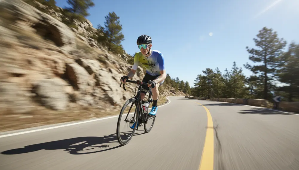 Ciclista de Buhobike descendiendo puerto de montaña a gran velocidad con bicicleta de carretera.