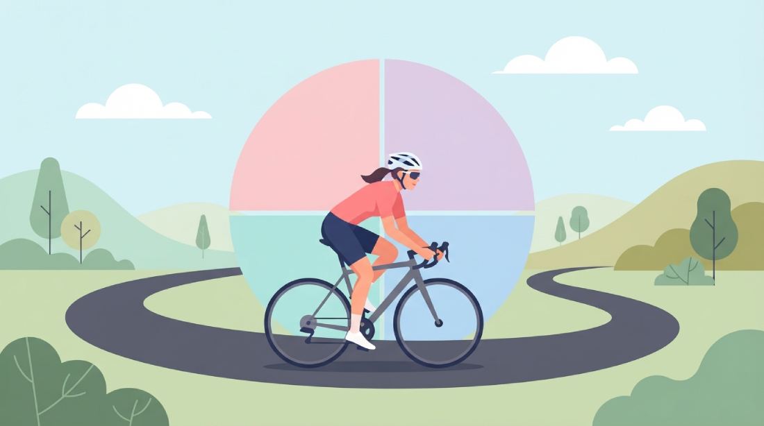 Ciclista de carretera entrenando al aire libre mientras se representan las fases del ciclo menstrual como un círculo de colores suaves
