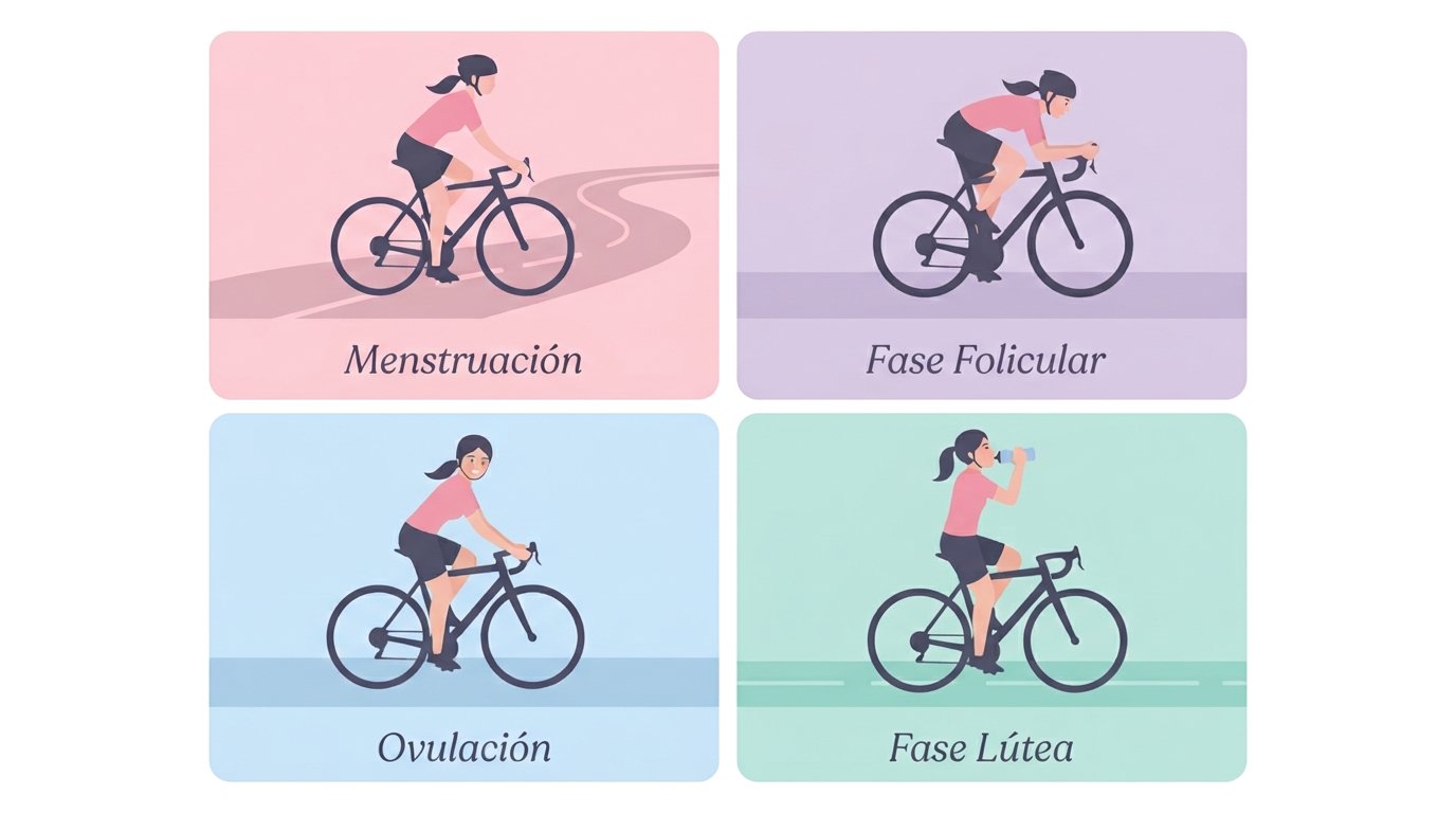Infografía con las cuatro fases del ciclo menstrual (menstruación, fase folicular, ovulación y fase lútea) y cómo adaptar el entrenamiento en bicicleta en cada una