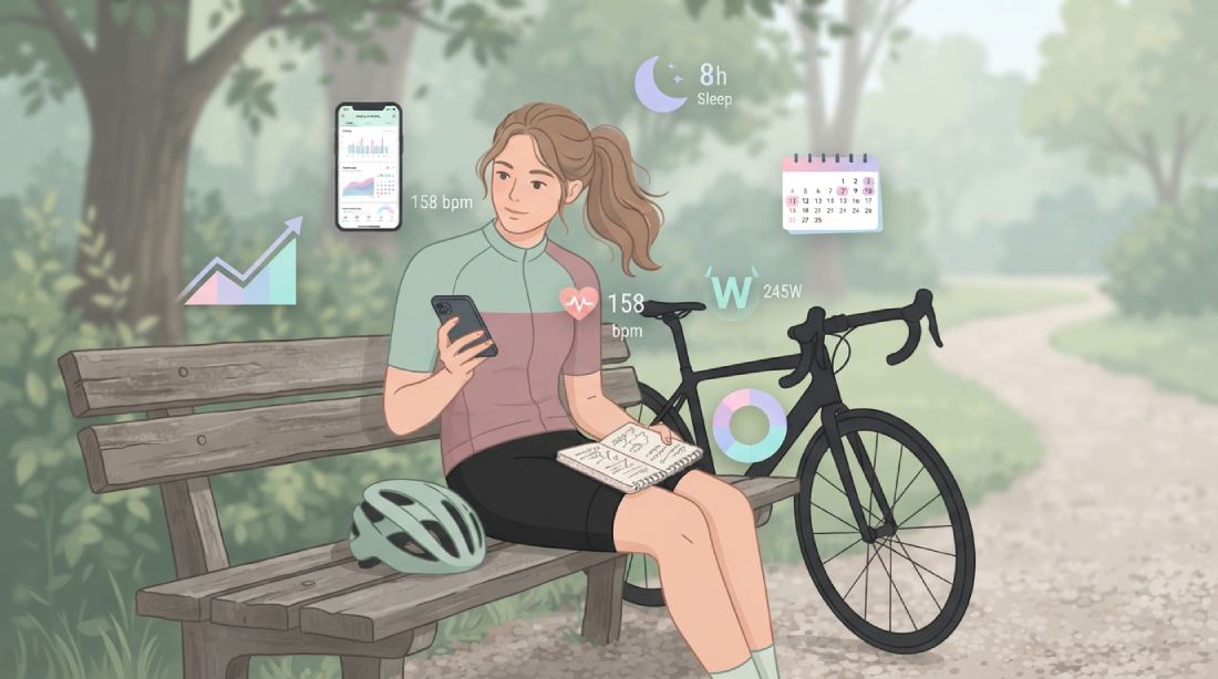 Ciclista consultando una app o cuaderno para registrar su ciclo menstrual y datos de entrenamiento como vatios, frecuencia cardiaca y sueño